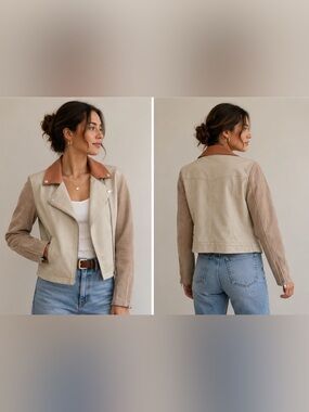 Women's Vegan Leather and Suede Colorblock Jacket in Tan and Cream